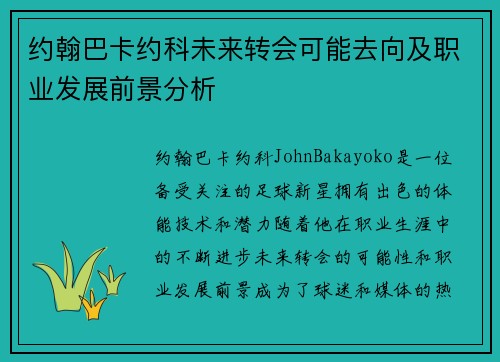 约翰巴卡约科未来转会可能去向及职业发展前景分析